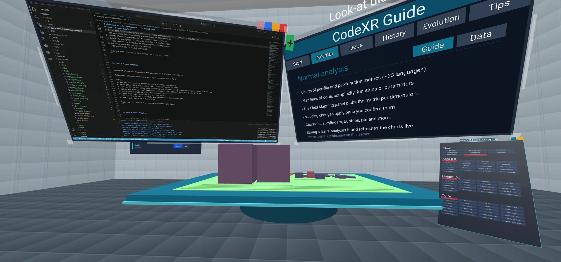The code city on the cyan table, with the in-room guide and the Field Mapping panel around it