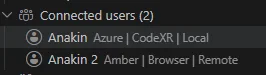 Connected users: one local CodeXR participant and one remote browser guest, each with their colour