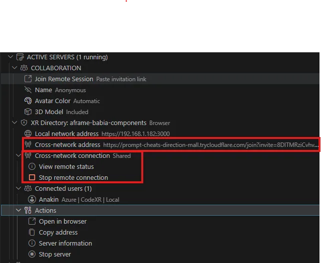 The server panel with cross-network enabled and the trycloudflare address ready to share
