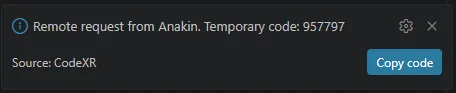 The VS Code notification with the temporary six-digit code and its Copy code button