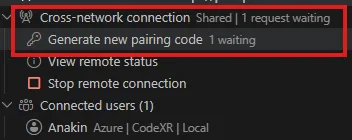 The sidebar while a request waits: Shared, one request waiting, and Generate new pairing code