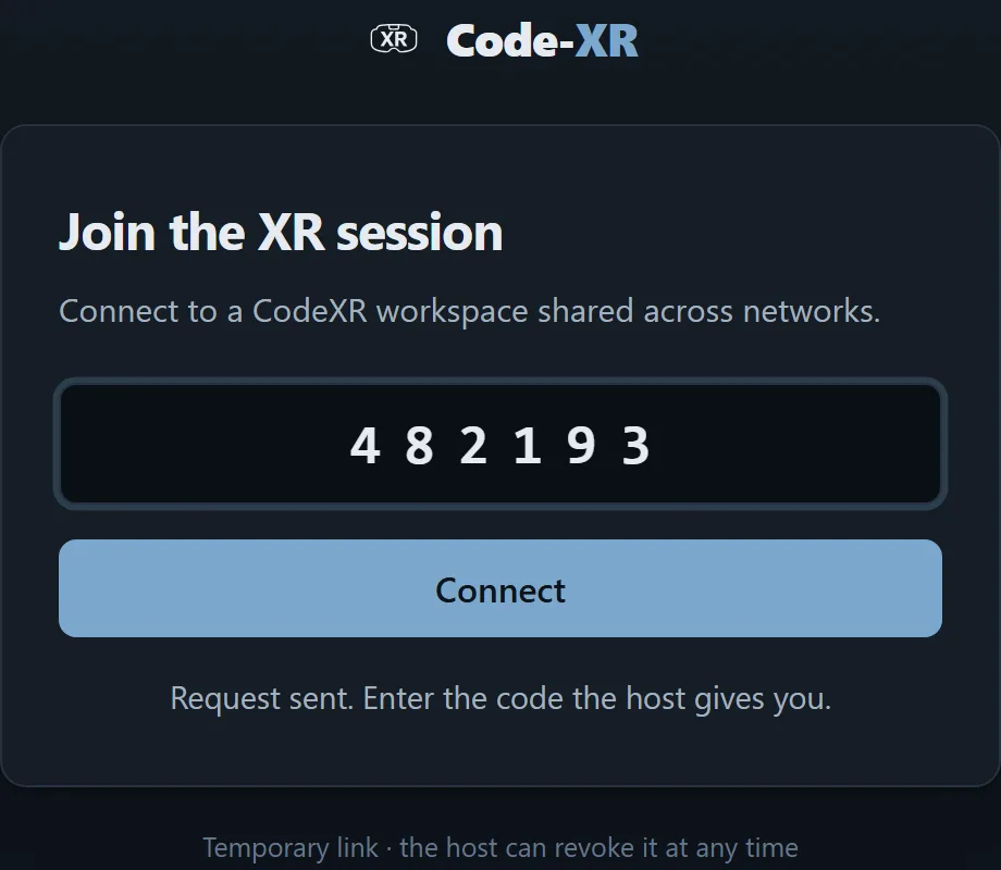 The six-digit pairing field and the Connect button, waiting for the code the host reads out