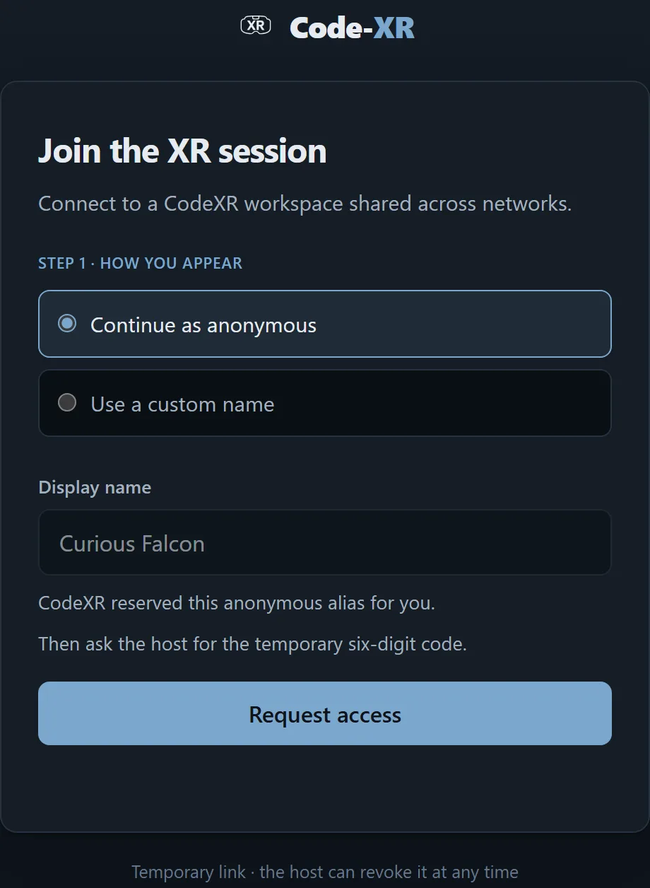 The join page: continue as anonymous with a reserved alias, or choose a custom display name