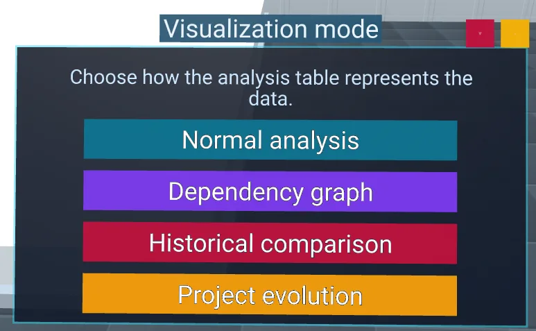The in-scene analysis selector with the four colour-coded analyses