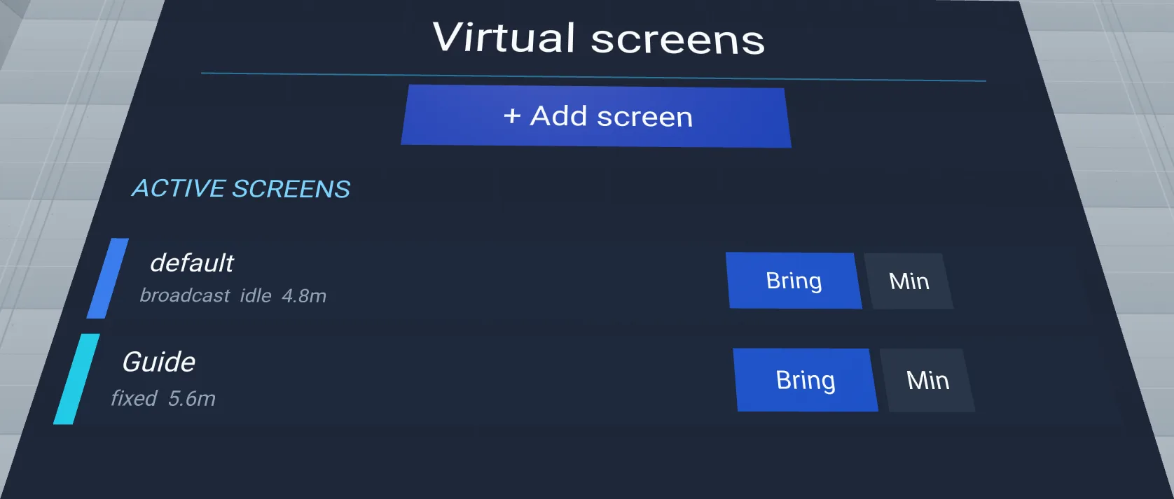 The virtual screen chrome and the Virtual screens panel that manages them