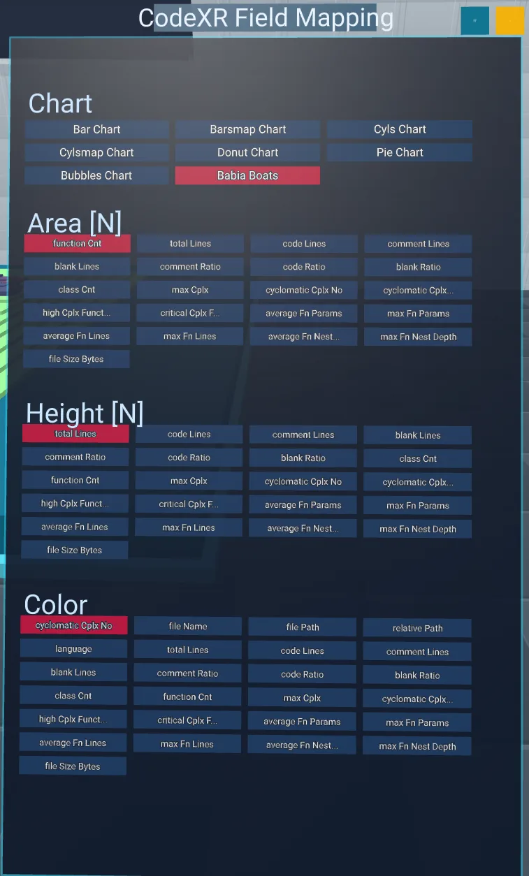 The Field Mapping panel: chart picker on top, then area, height and colour, each with the full metric list