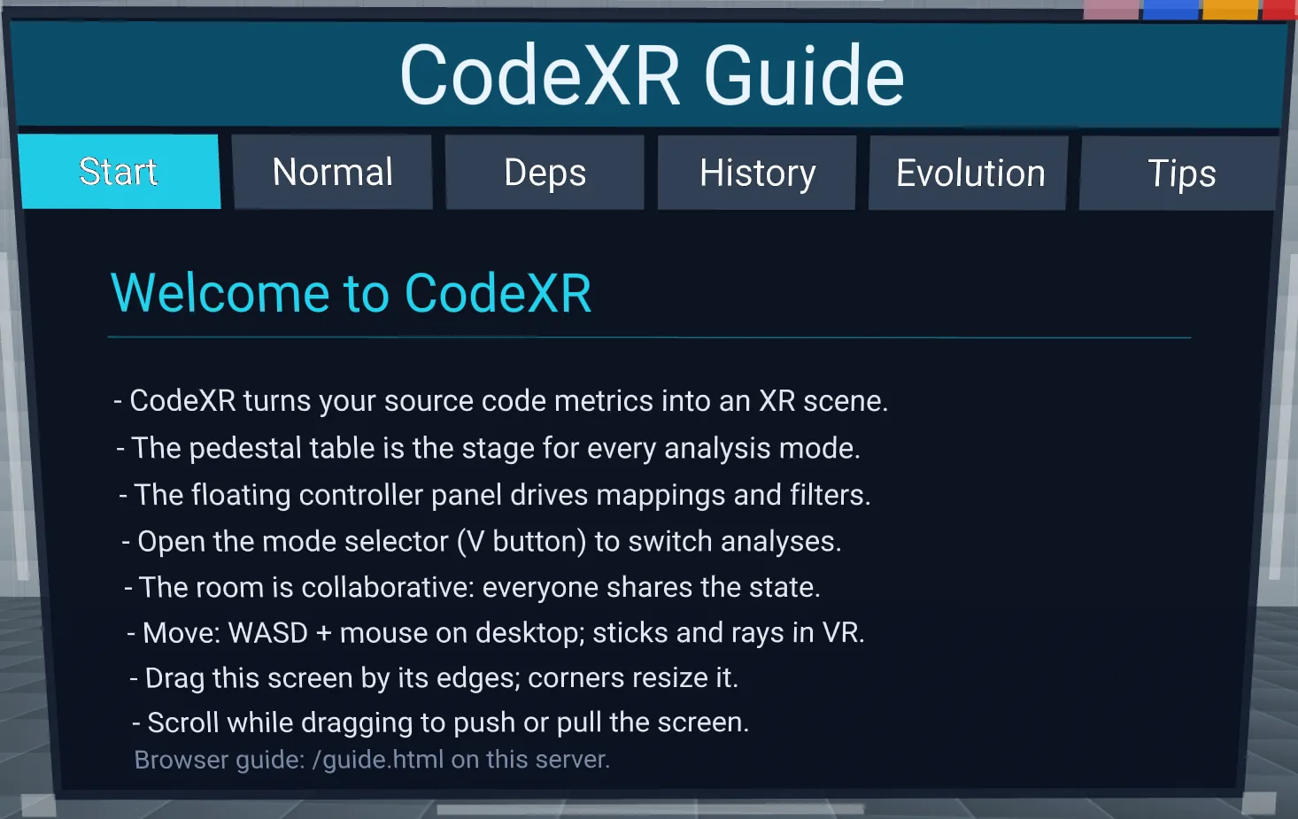 The in-room user guide on its Start tab